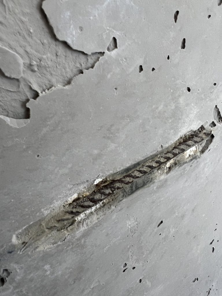 Betonoptikwand mit eingebettetem Streckmetall in Rostoptik – moderner Industrial Style.